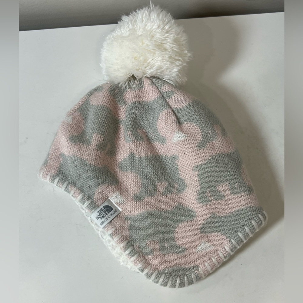 The North Face Baby XXS 0-6 Months Pink and Gray Bear Hat with Pom-Pom